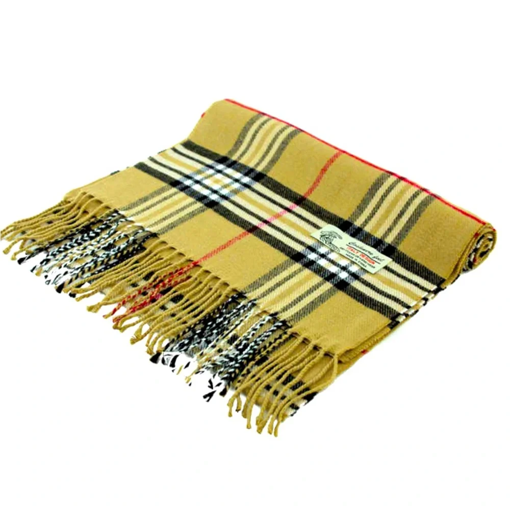 Cashmere feel camel/black Plaid Scarf with 3” fringe. Size 72”by 12”. NWT.